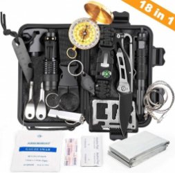 18 in 1 Survival Kit - Multitool - Noodpakket - Multitool, Zaklamp met zoom, Sleutelhanger, Tactische pen, Draadzaag, Vuursteen, Reddingsdeken, Bidonhouder, Schroevendraaiers, Pijp fluit,Zakmes, Kompas, Paracord, Lepel, Pleisters, Alcholdoekjes