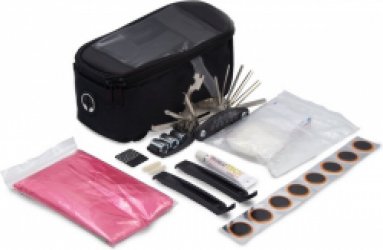 Zwarte fietstas met reparatieset, eerste hulp en poncho - Fiets gsm houder - 20*12*9cm