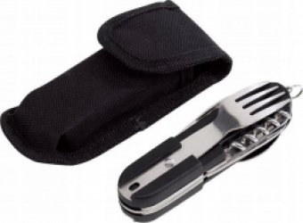 Survival Bestek - 5 delig - Zwart - Met beschermhoes - Gereedschapsriem - Inklapbaar - Vork - Lepel - Mes - Kurkentrekker - Bieropener - Spork - Multitool - Kamperen - Camping - Kampeer Bestek - Campingbestek