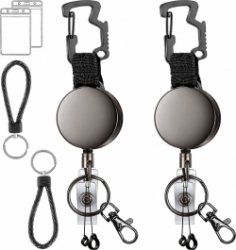Set van 2 RVS Uittrekbare Sleutelhanger met Lanyard en Karabijnsluiting - Badgehouder met Clip en 68cm koord - Intrekbare Broekclip Karabijnhaak Sleutelkoord - Afrolmechanisme voor Badges en Sleutels - ID Jojo Pasjeshouder Keycord\Keykoord - Zwart
