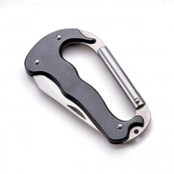 Compacte Carabiner met Mes - 4,5 x 7,5 cm - 8 mm dik - Sleutelorganizer - Sleutelbos - RVS - Zwart metaal - Ultieme Multitool voor Onderweg