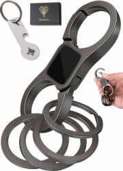 Luxe Metaal Dubbelzijdig Karabijnhaak Sleutelhanger met Sleutelringen & Winkelwagenmunt Flesopener Multitool - Quick-Release Auto Sleutelhouder Ringen - Musketonhaak Keychain voor Volwassen, Mannen, Vrouwen - Karabijnsluiting Sleutel Hanger - Zwart