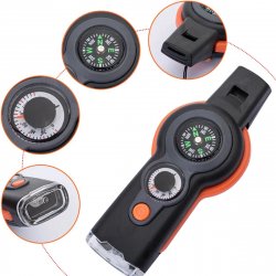 7-in1 Survival Multitool I Survival Fluit, LED Lamp, Nekkoord, Vergrootglas, Spiegel, Kompas & Thermometer I Multitool I Oranje/Zwart