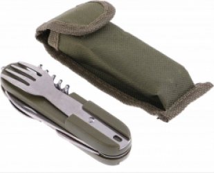 Jumada's - Multifunctioneel Campingbestek - Groen - Inclusief beschermhoes - Met gereedschapsriem - Inklapbaar - Vork, lepel, mes, kurkentrekker, bieropener en spork - Handige multitool voor kamperen en survival