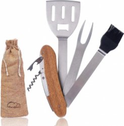 Grill bestek - Grillaccessoires - 5 in 1 acaciahout - Roestvrij staal met spatel - Kruidenborstel - BBQ Vleesvork - Flesopener - Grillset voor mannen - Cadeau - Voor tuin en camping - Incl. tasje
