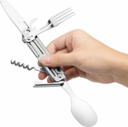Navaris 6 in 1 reisbestek vouwbaar - Vork, lepel, mes, blikopener, wijnopener en flessenopener - Met opbergzakje - Voor kamperen en survival - rvs