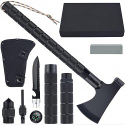 POLE9 Survival Bijl 11-in-1 Multitool Bijl - Met Vuurtsteen, Mes, Wetsteen, Zaag, Hamer - Ideaal Overlevingsgereedschap