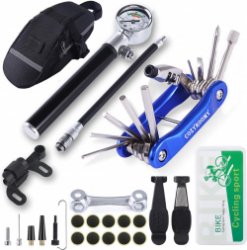 Bastix - Fietsbanden reparatieset - reparatieset met 210 psi minipomp 10 in 1 multitool (met kettingafscheider), 10 fietspatches, 3-in-1 bandenlichter, Saddle Bag.