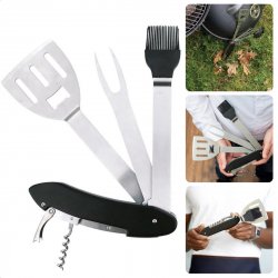 Cheqo® Multifunctioneel BBQ Gereedschap - BBQ Tang - 5-in-1 Barbecue Gereedschap - Grill Accessoire - Handig en Inklapbaar - Groot Model - 30 cm Lang - Marinade Borstel - BBQ Vork - BBQ Spatel