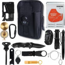 SUR5® Survivalset Basic, Hoogwaardige Survival kit met o.a. Zakmes, Zaklamp, Kompas, Firestarter, Tactical pen - Kado tip - Zwart