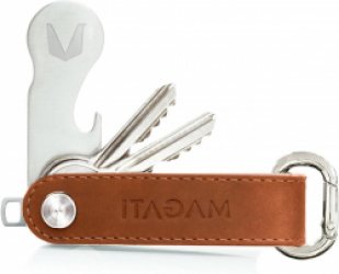 Echt leren sleuteletui met roestvrijstalen sleutelzoekservice en flesopener - Key Organizer cognac.