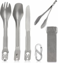 5-in-1 campingbestek afneembaar draagbaar roestvrijstalen bestek multitoolset, tang, spork, spork, mes voor buiten, reizen, onderweg, met bestekzak en karabijnhaak
