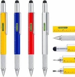 4 stuks multitool pen met extra vullingen, 6-in-1 multifunctionele metalen balpen met liniaal en niveaumeter, coole gadget voor mannen, cadeau voor echtgenoot Papa Vader