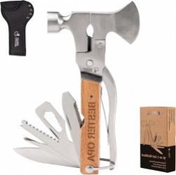 Multitool bijl met gravure - multifunctioneel gereedschap met hamer - verjaardagscadeau opa - knutselgadget met tas - klein - 11-in-1 - multigereedschap - cadeaus voor mannen